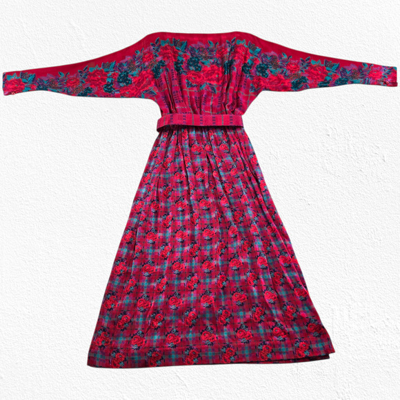 Vintage 80s Halston III Silk Floral Plaid Dress Red Pink Teal Belted Midi Size 4 - Picture 15 of 16